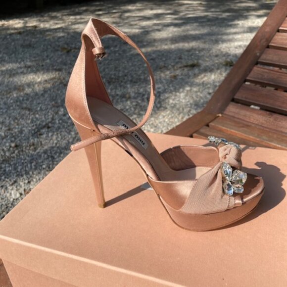 Miu Miu Nude Satin Heels with Crystal Embellishment, Size 6.5 - Picture 5 of 13